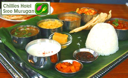 Chillies - Hotel Sree Murugan Devi & Co Lane - Pay Rs 99 for a South Indian Thali worth Rs 200 at Chillies - Hotel Sree Murugan.
