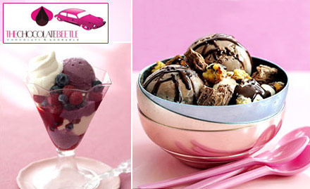 The Chocolate Beetle Defence Colony - Pay Rs. 165 for Flavoured Chocochillos, Vanilla Ice-Cream with Hot Chocolate Fudge and more worth Rs. 335 at The Chocolate Beetle. Indulge into a Chocolicious affair!