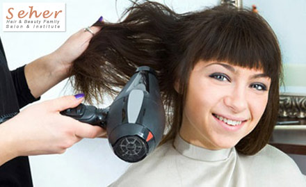 Seher Hair & Beauty Family Salon & Institute Thergaon - Haircut, Hair Wash, Blow Dry, Face Clean Up & Threading or Shaving at Rs. 222