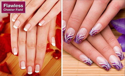 Flawless Chester Field New Ashok Nagar - Pay Rs. 999 for acrylic nail extension and french manicure worth Rs. 2500 at Flawless Chester Field. Also get face cleanup and temporary nail art absolutely free! 

