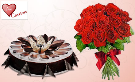 Love Carriers Uppal - Surprise Your Loved Ones with 12 Red Roses Bouquet and 1/2 kg cake at Rs. 432