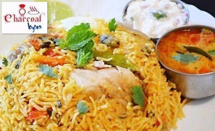 Charcoal Bytes Madhapur - Savour the Smoky Flavours! Get Unlimited Biryani (mutton/chicken/veg), Raita & Mirchi ka Salan at Rs. 309 