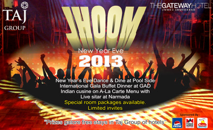 New Year Eve Mega Blast - The Gateway Hotel Ummed Hansol - 15% off on couple entry passes for New Year Party. Let's welcome 2014!