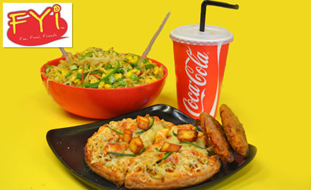 FYI Ashok Nagar - Delicious food combo at Rs 149. Enjoy pizza, noodles, veg kebabs & coke! 