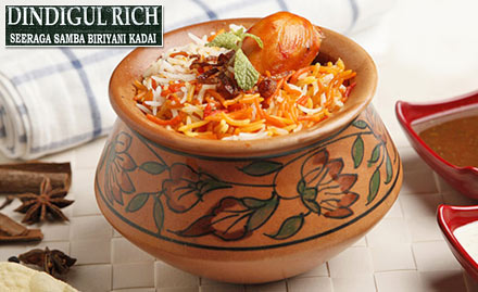 Dindigul Rich Seeraga Samba Biryani Kadai Madipakkam - Rs 179 for non-veg combo meal. Dine on spicy non-veg delicacies!