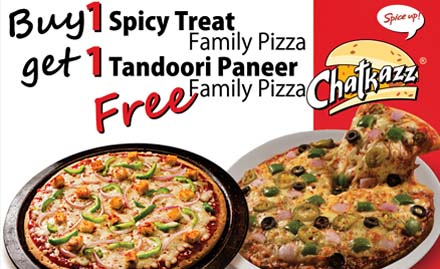 Chatkazz Dandia Bazar - Buy 1 Spicy Treat family pizza and get 1 Tandoori Paneer family pizza absolutely free