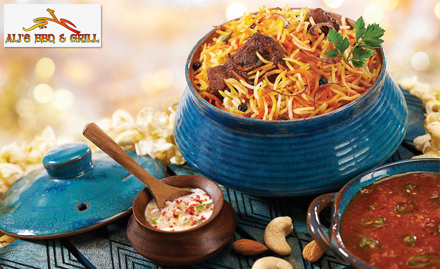 Ali's BBQ & Grill T Nagar - Enjoy buy 2 get 1 free offer mutton biryani combo. Enjoy biryani, raita, chicken 65 & more!