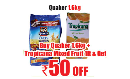 Heritage Retail Panjagutta - Rs 50% off on Quaker 1.6kg + tropicana mixed fruit 1 ltr. Valid only at Heritage Fresh Outlets in Hyderabad, Bangalore & Chennai.