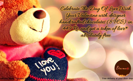 Blossoms4u Doorstep Delivery - Rs 449 for designer handcrafted chocolates. Also get a surprise Valentine special gift absolutely free!