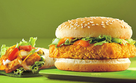 Mridhuls Cafe Desam Kavala - Crispy chicken burger and cappuccino at just Rs 104. Relish a quirky treat!