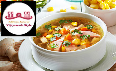 11 2 11 - Vijayawada Style Koramangala - 20% off on soups, starters, biryani, noodles & more. Valid for dine in, take away & delivery!