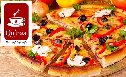 Cafe Qu'baa Bodakdev - Upto 50% off! Enjoy pizza, sandwich, burger, burrito, mocktail, mojito, martini and more!