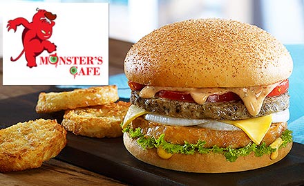 Monster's Cafe Home Delivery - 20% off on burgers, sandwiches pasta, coolers and more at your doorstep!