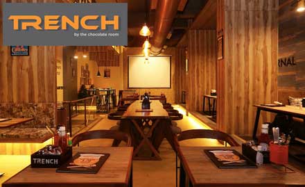 Trench Restro Lounge By The Chocolate Room 4 Bungalows - Experience a variety of chocolate desserts, pasta, sandwiches & more! Get 20% off on desserts & drinks